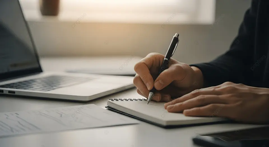 Writer’s hand resting on an open notebook at a quiet desk