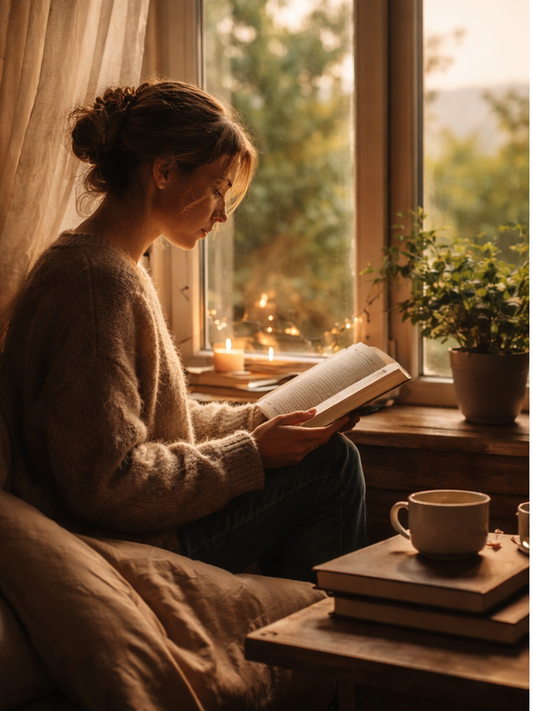 A person reading a book beside a window in warm, soft evening light