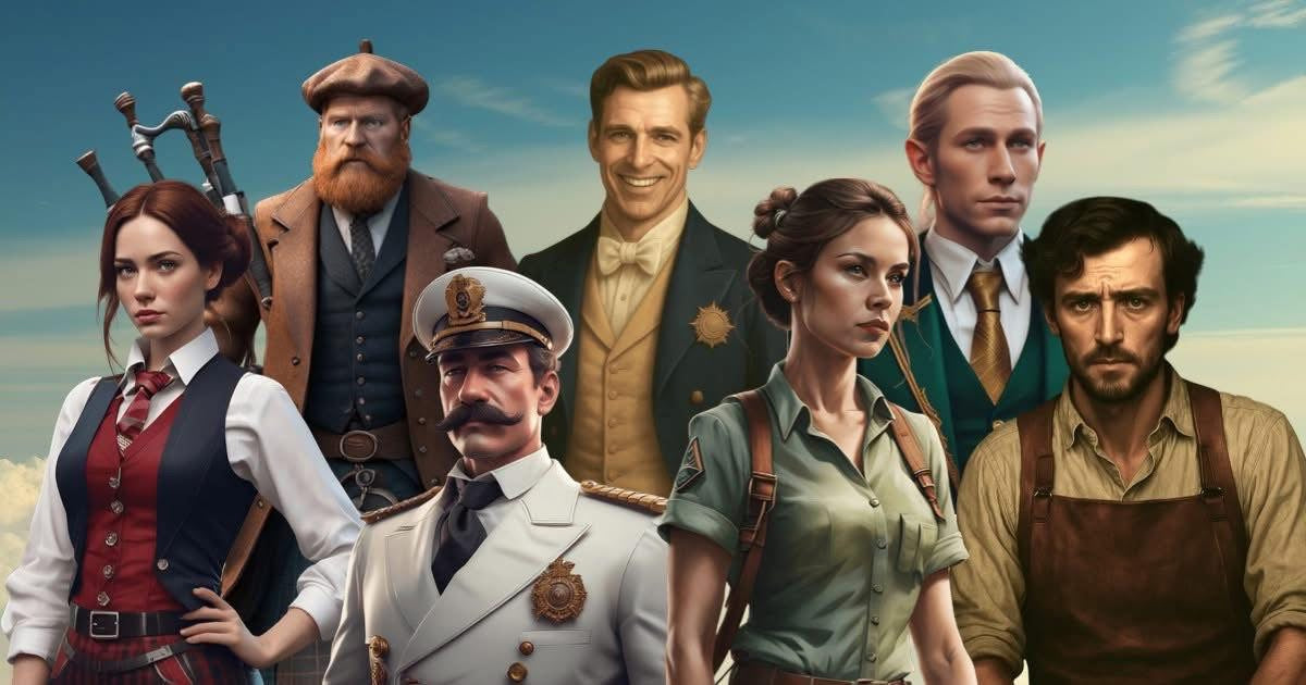 Group of people in historical or vintage attire against a scenic background