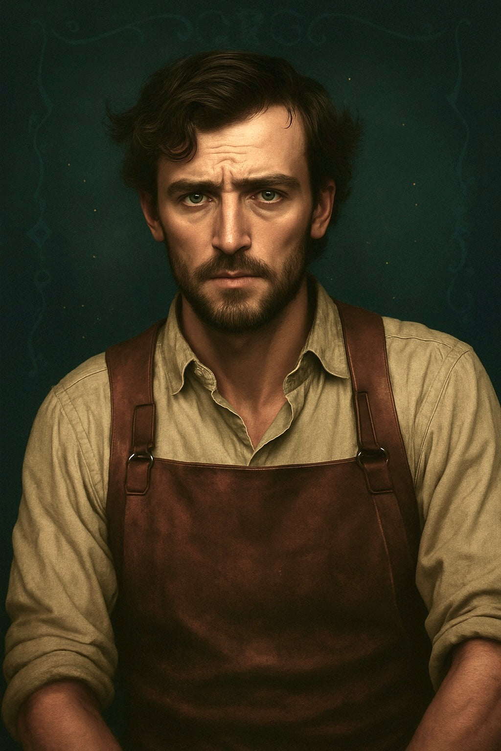 Man wearing a brown apron against a dark background- created with AI